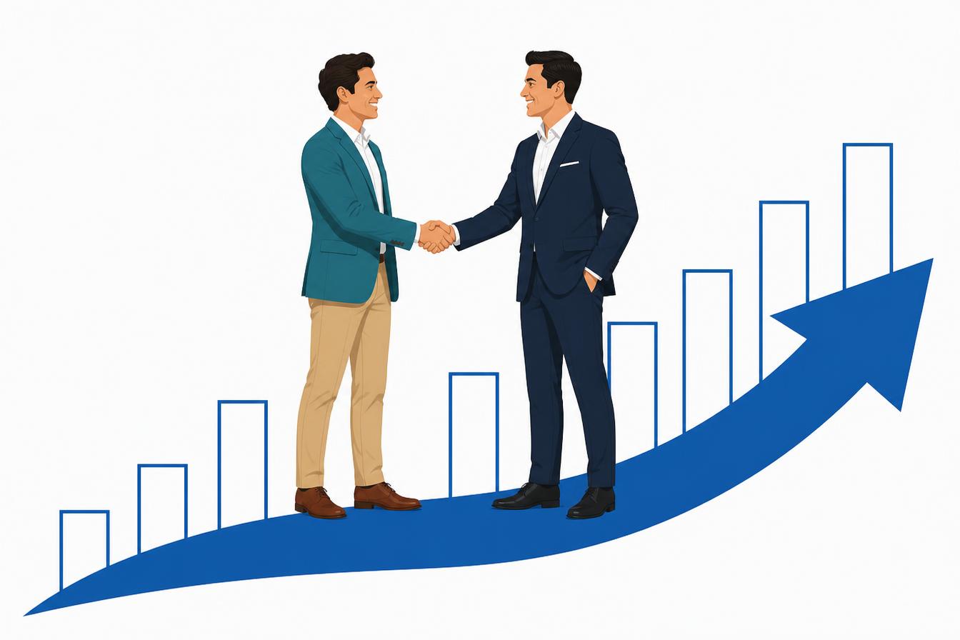 Founder and investor shaking hands on a rising growth arrow